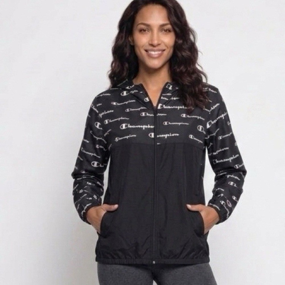 Champion Windbreaker Jacket Women Large Black White All Over Logo Print Zip Hood